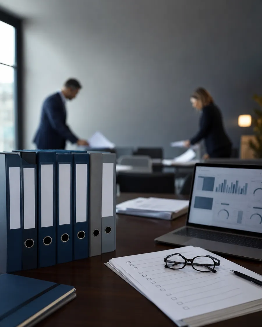 Masă de conferință pregătită pentru audit: bibliorafturi, checklist și un dashboard de indicatori (imagine ilustrativă)