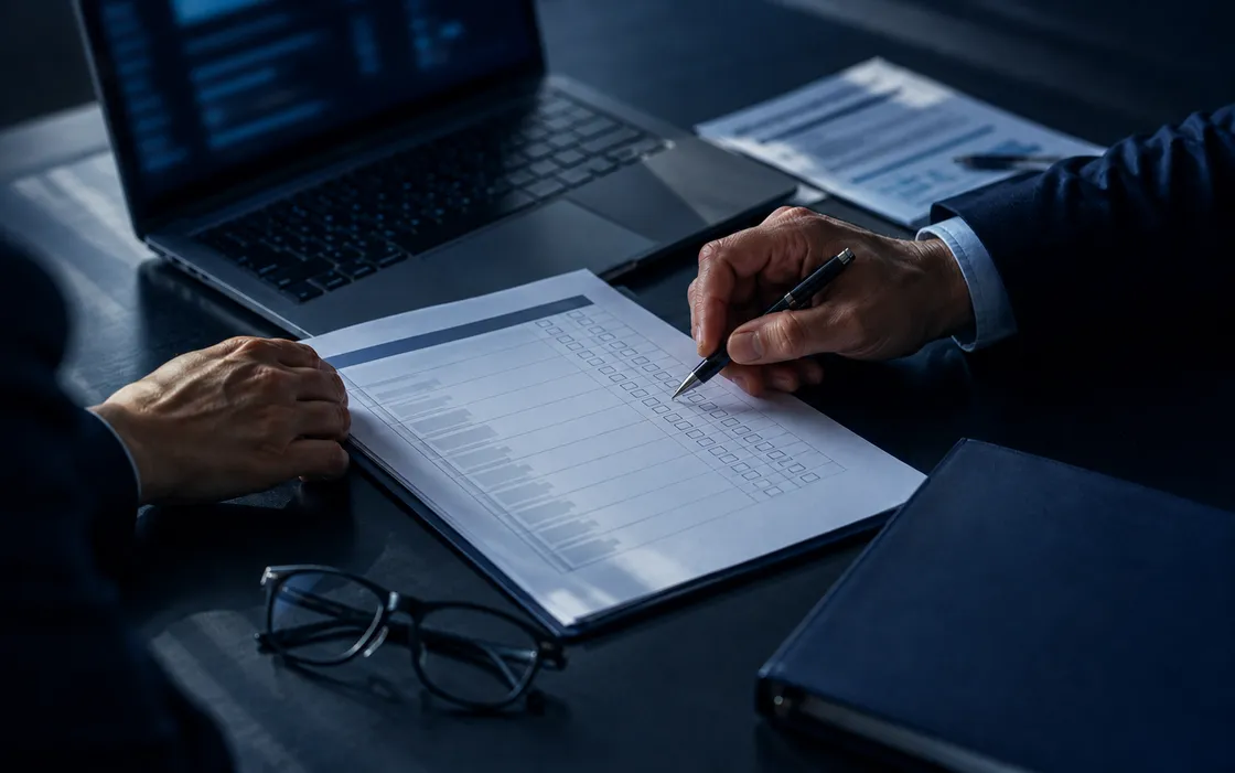 Sesiune de audit NIS 2 — bifarea listei de verificare pe documente, lângă laptop