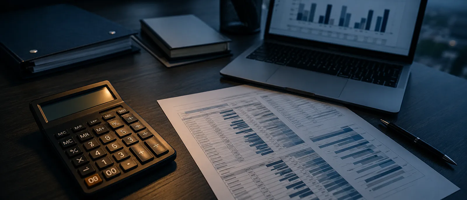 Un calculator, un laptop cu un grafic abstract și o foaie de calcul tipărită, pe un birou întunecat (imagine ilustrativă)