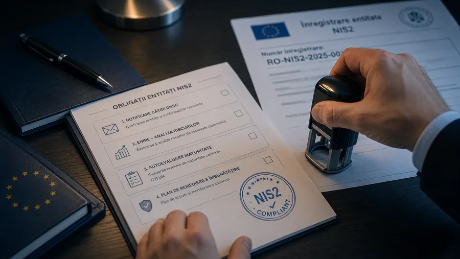 O mână semnând un document oficial de înregistrare, sub o lampă de birou caldă (imagine ilustrativă)