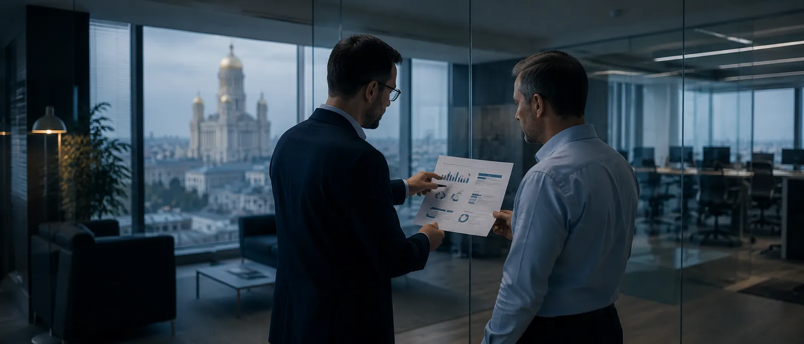 Un antreprenor și un consultant analizând un rezumat de o pagină, lângă un perete de sticlă (imagine ilustrativă)