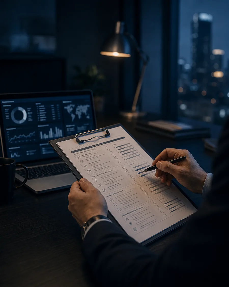 Consultant verificând o listă de audit IT tipărită, lângă un laptop (imagine ilustrativă)